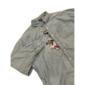 Men's Warner Bros 1997 Looney Tones Blue Denim Embroidery Button Up Shirt 2XL